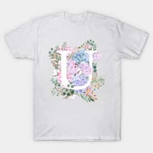 botanical monogram alphabet U hydrangea flowers T-Shirt